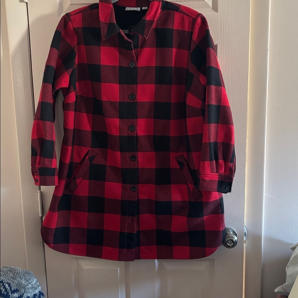 Joan Rivers Red and Black Buffalo Plaid Pea Coat